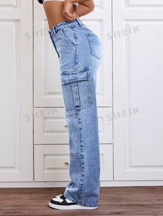 SHEIN ICON Washed Cargo Jeans | SHEIN USA Non-stretch Denim Cargo Jeans, High Rise Non-stretch Medium Wash Cargo Jeans, Non-stretch High Rise Denim Blue Cargo Jeans, Denim Jeans With Cargo Pockets For Fall, Denim Cargo Jeans For Fall, Fitted Washed Blue Denim Cargo Jeans, Baggy Light Wash Denim Cargo Jeans, Fitted Denim Blue Cargo Jeans, High Rise Non-stretch Blue Cargo Jeans