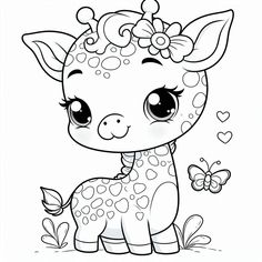 a cute little giraffe with flowers on her head and butterflies around its neck