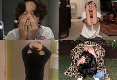 four different pictures with people covering their faces and hands in front of them, one woman holding her face up to her mouth