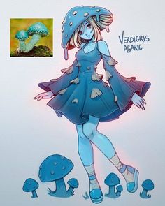 a drawing of a woman in a blue dress and hat with mushrooms on the ground