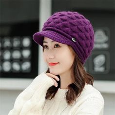 Windproof Winter Visor Hat, Winter Windproof Visor Hat, Adjustable Purple Beanie For Winter, Trendy Purple Hats For Winter, Trendy Purple Winter Hat, Winter Brimmed Acrylic Beanie, Brimmed Acrylic Beanie For Winter, Brimmed Acrylic Winter Beanie, Warm Purple Beanie For Winter