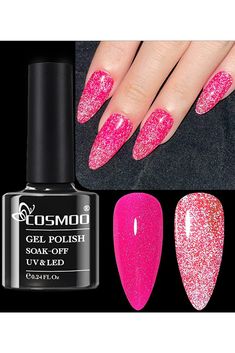 COSMOO Pink Reflective Gel Nail Polish Pink Glitter Gel Polish Reflective Diamond Flashing Sparkly Gel Nail Polish (Reflective Glitter-001) Nail Designs Summer, Fashion Nails, Nail Polish, Glitter, Nail Designs, Nails, Pink, Design