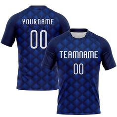 a blue soccer jersey with the number 00 on it and an inscription that reads team name