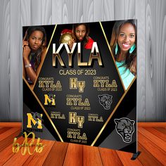 a black and gold sign with the name kyla class of 2020 on it in front of a wooden background