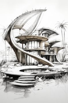 an artistic drawing of a house on the water with stairs leading up to it and palm trees in the background