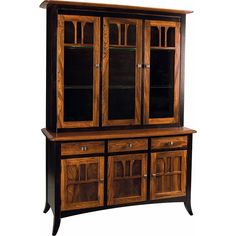 a wooden china cabinet with glass doors and drawers