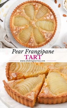 pear frangriane tart on a white plate