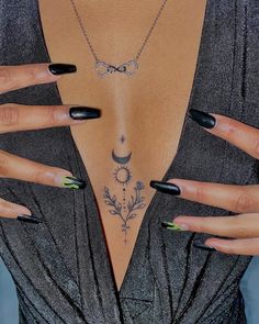 female chest tattoo, sun, moon , star Tattoo Names, Small Chest Tattoos, Key Tattoo, Jesus Tattoo, Chest Tattoos For Women, Geniale Tattoos