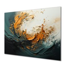 an abstract painting on canvas with gold and white paint splattered over the surface