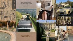 a collage of photos with women sitting in chairs, cars, and pictures on them