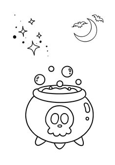 a drawing of a skull in a caulder with stars and moon above it