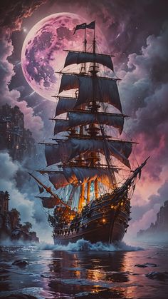 a painting of a pirate ship sailing in the ocean with a full moon behind it