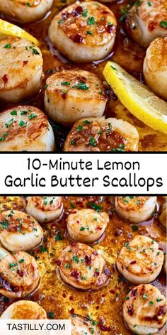 lemon garlic butter scallops with text overlay