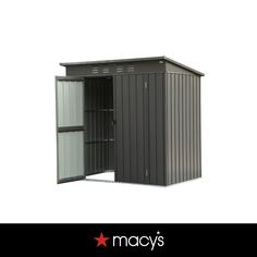 a metal storage shed with its door open and the words macy's above it