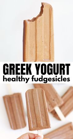 a hand holding a chocolate popsicle with the words greek yogurt healthy fudgesices