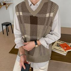 Plaid Sweater Vest, Plaid Vest, Plaid Sweater, Knitted Vest, Vest Shirt, Streetwear Men Outfits, Knit Vest, Looks Style