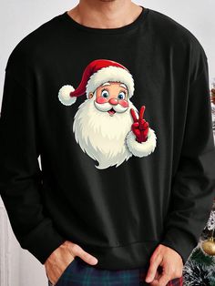 Comfort Meets Style: Santa Claus Print Black Drop Shoulder Crew Neck S Black Long Sleeve Christmas T-shirt, Christmas Black Crew Neck Sweater, Oversized Christmas Crew Neck Sweatshirt, Oversized Crew Neck Christmas Sweatshirt, Casual Black Christmas Sweater, Black Crew Neck T-shirt For Holidays, Black Long Sleeve Christmas Sweatshirt, Casual Holiday Sweater With Crew Neck, Casual Crew Neck Holiday Sweater