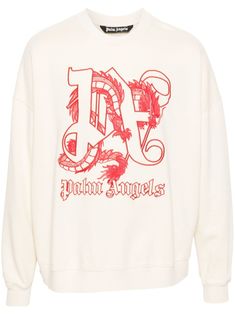 beige, red cotton jersey texture crew neck embroidered monogram and dragon at the front ribbed crew neck drop shoulder long sleeves mini logo tag ribbed cuffs and hem Cotton Crew Neck Sweater With Logo, Relaxed Fit Logo Sweater With Crew Neck, Winter Relaxed Fit Sweater With Logo, Oversized Logo Sweatshirt With Crew Neck, Spring Crew Sweatshirt With Logo Detail, Spring Logo Sweatshirt With Long Sleeves, Oversized Logo Crew Sweatshirt, Logo Long Sleeve Sweatshirt For Spring, Long Sleeve Logo Sweatshirt For Spring