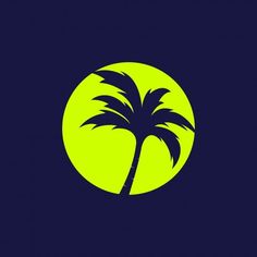 a palm tree in the middle of a yellow and blue circle on a dark background