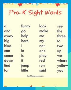 a poster with words that say pre - k sight words and the words below it