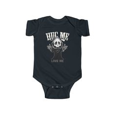 Hug Me, Love Me Dress your baby to the nines with this black 100% gothic cotton bodysuit. It has three snap leg closure for easy changing, a comfortable envelope neckline, and a beautiful, durable print that's bound to make your baby even cooler. 💀 100% soft flexible cotton 💀 Light (5.0 oz/yd² (170 g/m 💀 Tear away label 💀 Comfortable envelope neckline 💀 Three snap leg closure 💀 Black color only 💀 666% cool Black Cotton Halloween Onesie, Black Gothic Bodysuit For Halloween, Gothic Black Bodysuit For Halloween, Gothic Baby Clothes, Goth Baby Clothes, Baby Clothes Country, Gothic Baby, Baby Halloween Outfits, Body Noir