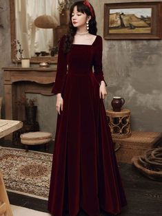 Long Formal Dresses Long Sleeve, Long Velvet Dress With Sleeves, Fancy Winter Dresses Long Sleeve, Dark Red Long Sleeve Dress, Red Velvet Dress Outfit Winter, Elegant Dark Red Dress, Christmas Gowns Classy, Red Evening Maxi Dress, Off The Shoulder Long Sleeve Dress