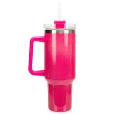 a pink cup with a straw in it