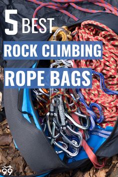 the top five rock climbing rope bags with text overlay reading 5 best rock climbing rope bags