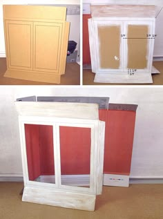 three different views of an unfinished cabinet with the door open and side panels cut out