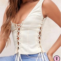 Women’s Plt Lace Up Shirt Size 6! New With Tags! Just Never Wore It, No Rips Or Stains White Corset Top, Laced Up Shirt, Lace Up Top, Strap Crop Top, White Corset, Leather Corset, Pretty Little Thing, The Cream, Cream Lace