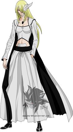 an anime character dressed in white and black