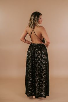 Get ready to turn heads with our Exclusive Layla Lace Maxi Dress! Featuring a beautiful, delicate lace design, this dress will make you feel confident and stylish. Available in 3 stunning colors. Lace maxi dress ECB Exclusive Maxi Fully lined Deep V-neck Spaghetti straps Open back 2 front slits Flowy fit Measurements: XS: Bust: 31” | Waist: 25” | Skirt Length: 42 1/2” | Dress Length: 50 1/2” | Strap Length: 22” S: Bust: 33” | Waist: 27” | Skirt Length: 42 3/4” | Dress Length: 51” | Strap Length: Lace Dress With Lace Closure For Prom, Lace Prom Dress With Lace Closure, Evening Floor-length Maxi Dress With Lace Bodice, Lace Dress With Lace Closure For Gala, Lace Gala Dress With Lace Closure, Floor-length Lace Trim Maxi Dress For Night Out, Sleeveless Scalloped Lace Maxi Dress For Party, Sleeveless Lace Patchwork Maxi Dress For Evening, Backless Maxi Dress With Lace Bodice For Prom