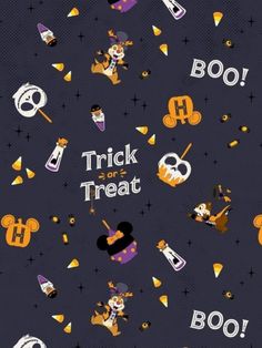 mickey mouse trick or treat pattern on a dark blue background with orange and white decorations