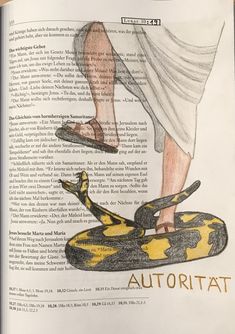 an open book with a drawing of a person stepping on a yellow and black snake