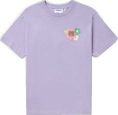 Spring Purple T-shirt With Graphic Print, Trendy Purple T-shirt With Logo Print, Purple Graphic Print T-shirt Crew Neck, Trendy Lavender Short Sleeve T-shirt, Purple Graphic Tee With Logo Print, Trendy Purple Short Sleeve T-shirt, Purple Graphic Tee With Graphic Print, Purple Streetwear T-shirt With Front Print, Graphic Print Purple T-shirt