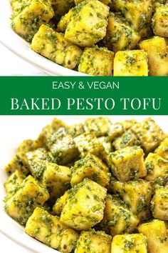 baked pesto tofu in a white bowl with the words easy and vegan