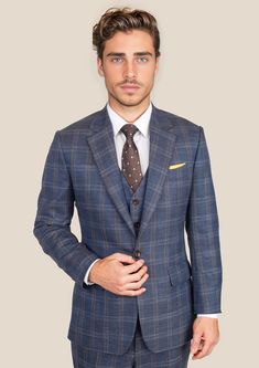 Take on the world with the Deep Cobalt Blue Plaid Suit! Custom made from a luxurious bamboo/wool/linen/silk blend from Cavani, this suit exudes confidence and a bold sense of style. With a suave blue check pattern, you'll be ready to conquer any challenge in style. Blue Plaid Suit For Men, Navy Plaid Suit, Blue Plaid Suit, Suit Guide, Custom Made Suits, Vest And Tie, Linen Suits, Plaid Suit, Tuxedo Shirts