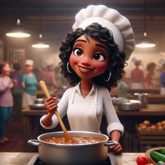 an animated character cooking in a kitchen with people around the counter and onlookers