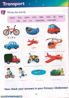 a poster with words and pictures on it that say transport, write the words,