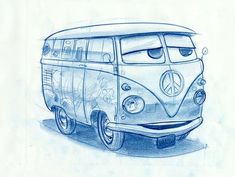 a drawing of a vw bus with peace signs on it