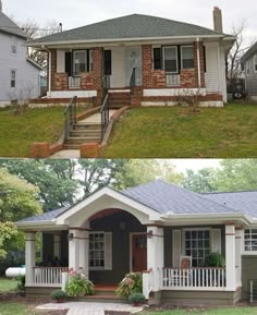 before and after pictures of a small house with porches on the front, and in the back