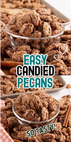 three different views of homemade candied pecans