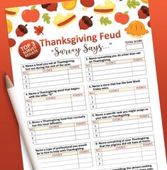 a thanksgiving food survey sheet with the words top 3 thanksgiving feed on it and an orange background