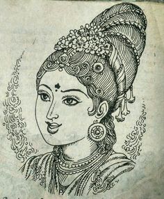 an old drawing of a woman with long hair and jewelry on her head, in black ink