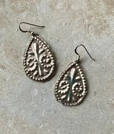 Stamped Sterling Silver Ethnographic Vintage Earrings Bold  in look light in weight Bohemian Teardrop Oxidized Jewelry, Nickel-free Bohemian Earrings For Festive Occasions, Bohemian Nickel-free Earrings For Festive Occasions, Oxidized Teardrop Jewelry For Festivals, Bohemian Bronze Earrings, Bohemian Silver Teardrop Earrings, Artisan Teardrop Nickel-free Earrings, Artisan Teardrop Nickel Free Earrings, Bohemian Teardrop Oxidized Earrings