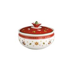 a red and white bowl sitting on top of a white tablecloth covered bowl with a lid