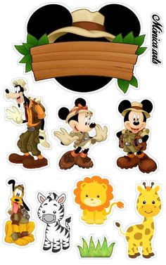 mickey mouse and friends stickers are shown in this image, including an elephant, giraffe, zebra, lion