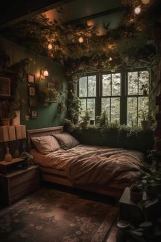 a bed sitting under a window in a bedroom next to a plant filled wallpaper