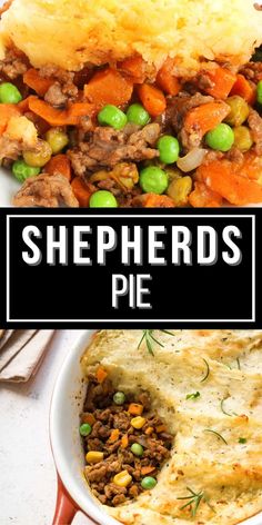 shepherds pie with peas and carrots in a white casserole dish on a plate