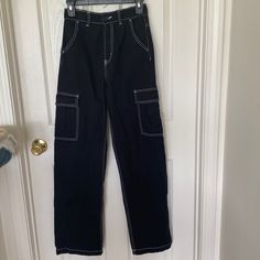 “H&M” Black Jeans With White Threading; Size 0; Nwot H&m Black Jeans, Ultra High Waisted Jeans, White Wide Leg Pants, Bootleg Jeans, Blue Flare Jeans, Brown Jeans, Black Wide Leg Pants, Black Cargo Pants, Black Cargo